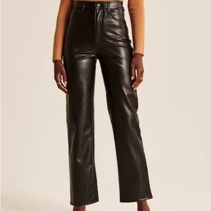 Black Vegan Leather Pants - 90s Straight Ultra High Rise 33W 16 short